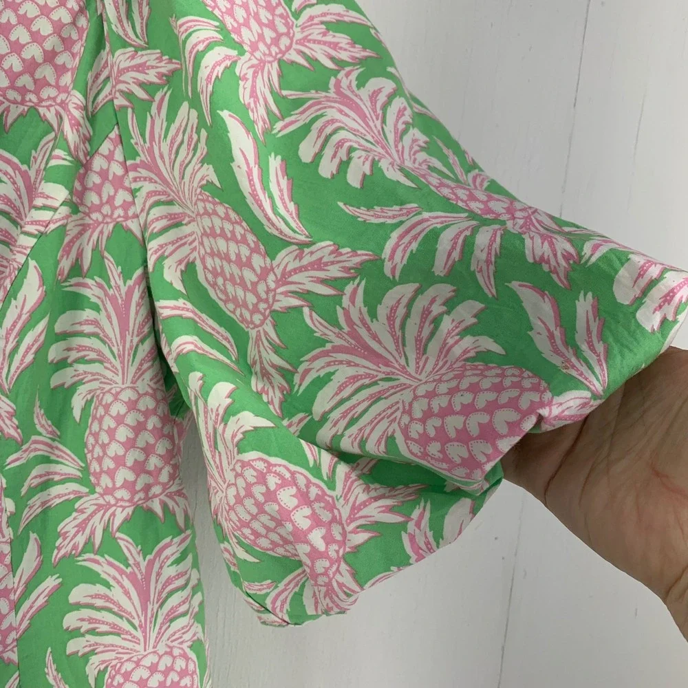 Coastal Resort Womens 14 Summer Vacation Pineapple Fruit Print Puff Sleeve Dress - Picture 4 of 10